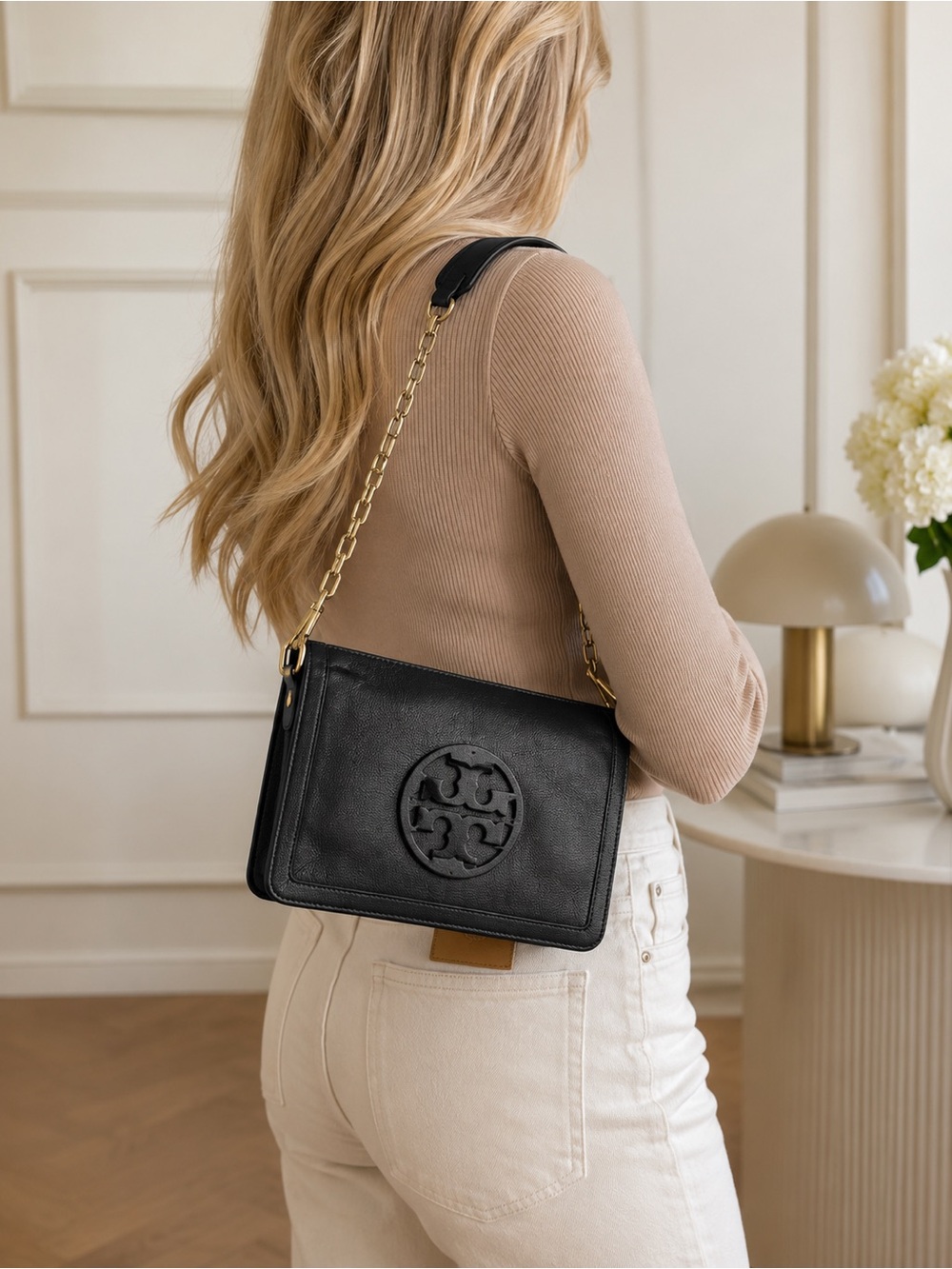 Tory Burch Black Leather Logo Shoulder Bag with Gold Chain